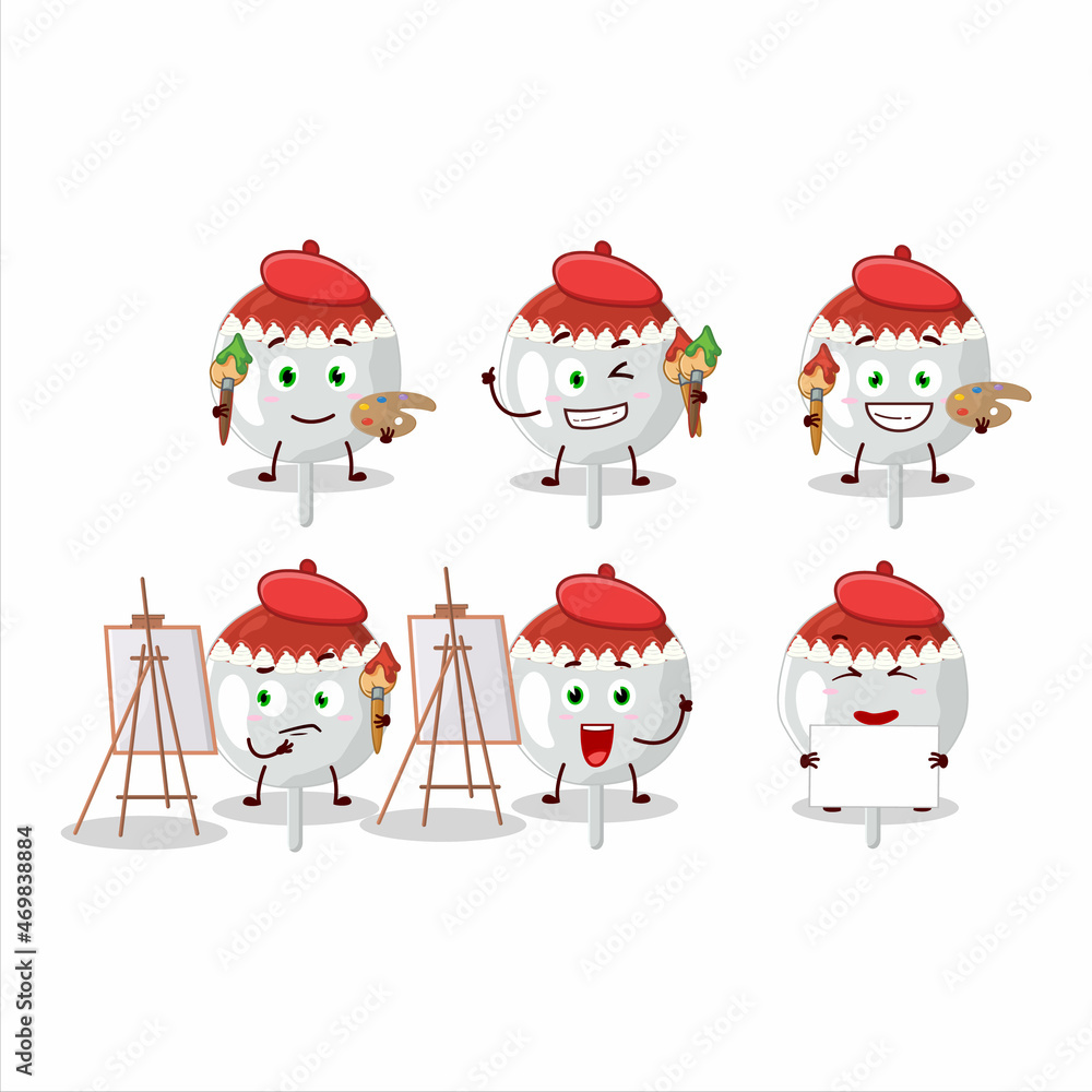 Artistic Artist of christmas hat cookies candy cartoon character painting with a brush