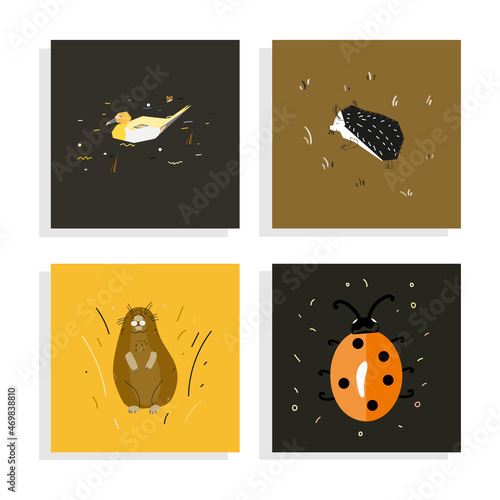 gopher, hedgehog, ladybug insect ,duck, cartoon flat vector illustration