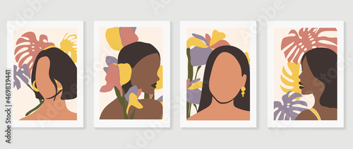 Women Portrait abstract art background vector. Surreal faces stylish girls in trendy clothes with tropical leaves background. Fashion wall art design collection. vector illustration.
