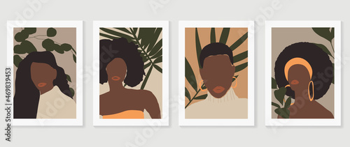 Women Portrait abstract art background vector. Surreal faces stylish girls in trendy clothes with tropical leaves background. Fashion wall art design collection. vector illustration.