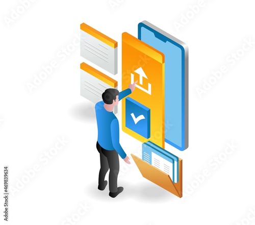 Man uploading data with smartphone