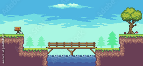 Pixel art arcade game scene with tree, lake, bridge, fence, board and clouds 8 bit vector background
