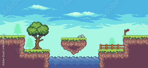 Pixel art arcade game scene with tree, lake, floating island, fence, flag and clouds 8 bit vector background
