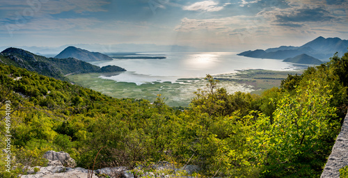 Lake Skadar view from mountain road soon after sunrise Montenegro.