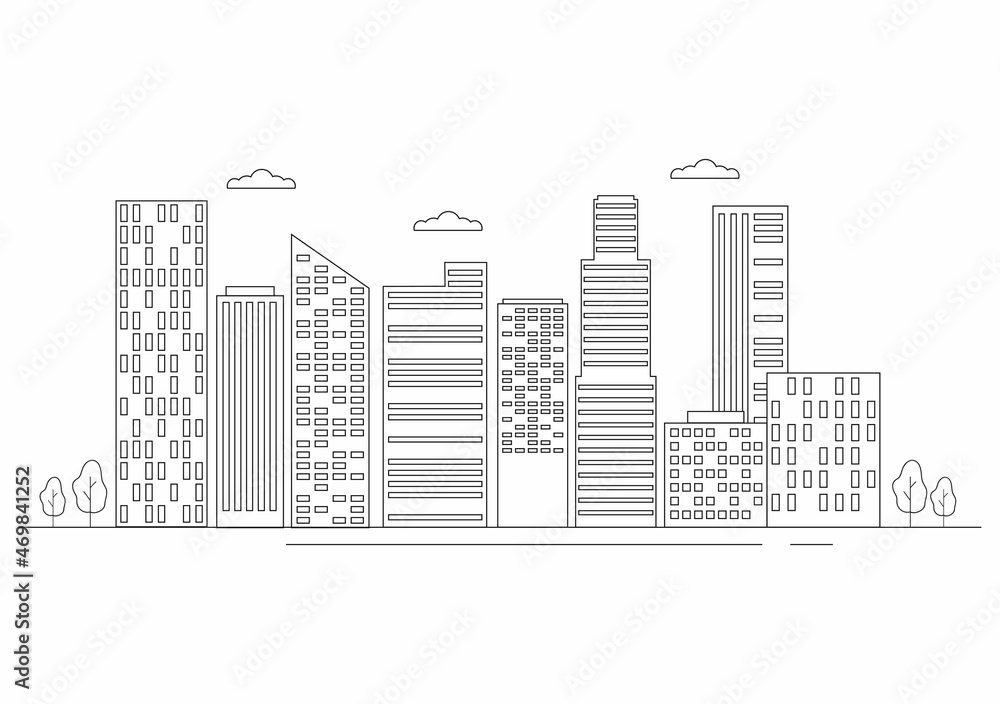 Modern City Landscape Buildings and Architecture Real Estate Silhouette Vector Background Illustration in Line Simple Geometric Flat Style