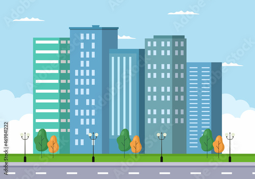 Modern City Landscape Buildings and Architecture Real Estate Silhouette Vector Background Illustration in Line Simple Geometric Flat Style