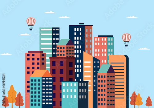 Modern City Landscape Buildings and Architecture Real Estate Silhouette Vector Background Illustration in Line Simple Geometric Flat Style