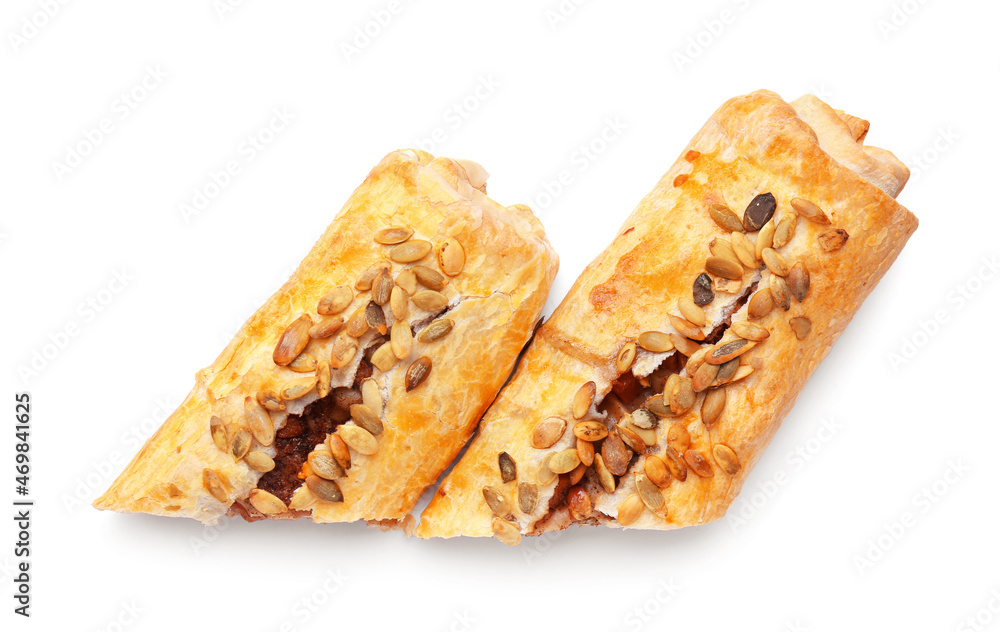 Delicious cut pumpkin strudel on white background Delicious cut pumpkin strudel on white background