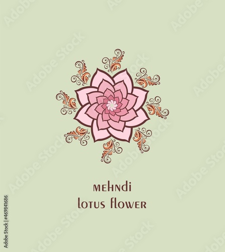 Decorative lotus Mehndi flower with Sahasrara crown chakra symbol for Henna drawing and wedding tattoo