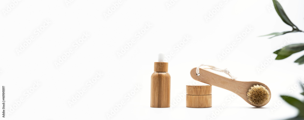 Bath bamboo brush, eco-friendly bamboo bottle and jar. Set of natural cosmetic products. Zero waste. No plastic concept.