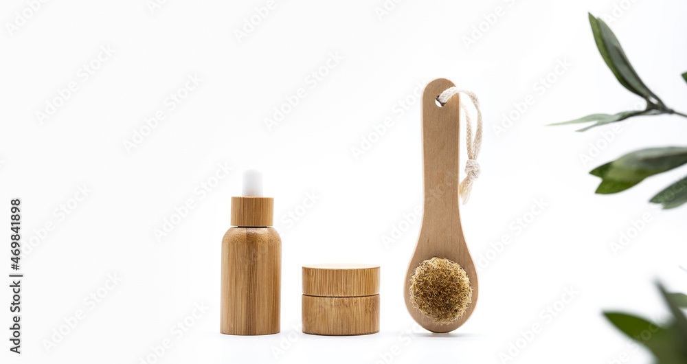Bath bamboo brush, eco-friendly bamboo bottle and jar. Set of natural cosmetic products. Zero waste. No plastic concept. Bath bamboo brush, eco-friendly bamboo bottle and jar. Set of natural cosmetic products. Zero waste. No plastic concept.