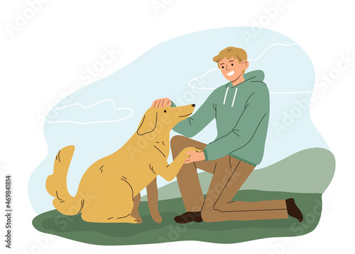 Man with his dog in the park. Hand drawn vector flat cartoon style illustration.
