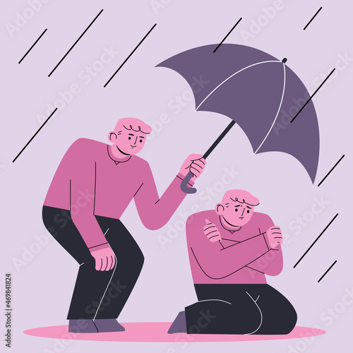 Happy man holding an umbrella to protect himself from rain. Love yourself, self care, self acceptance, mental health concept. Hand drawn vector cartoon style illustration