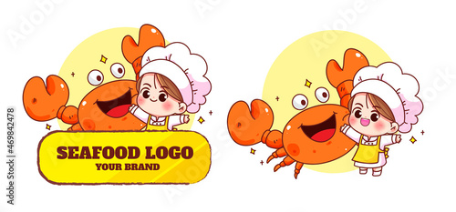 Cute chef and crab seafood logo mascot character food restaurant cartoon