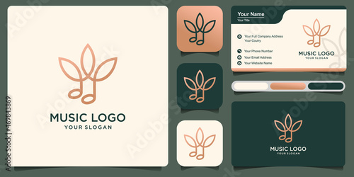Green musical note with leaf vector illustration, relaxing song . Company logo design template with business card