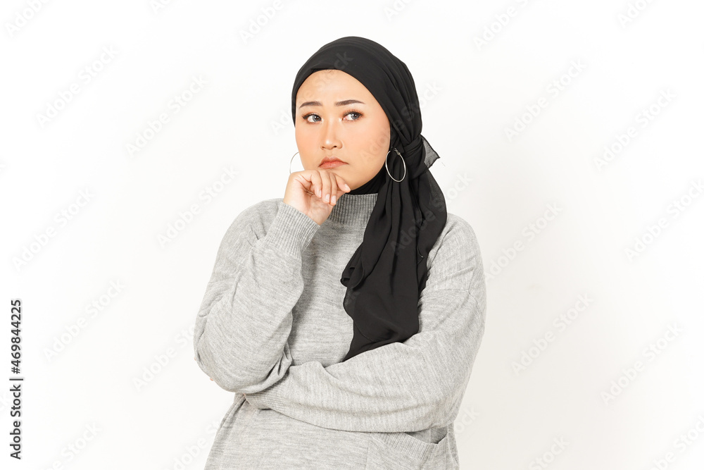 Thinking Gesture of Beautiful Asian Woman Wearing Hijab Isolated On White Background Thinking Gesture of Beautiful Asian Woman Wearing Hijab Isolated On White Background
