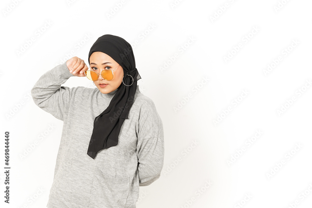 Posing with eyeglass Beautiful Asian Woman Wearing Hijab Isolated On White Background