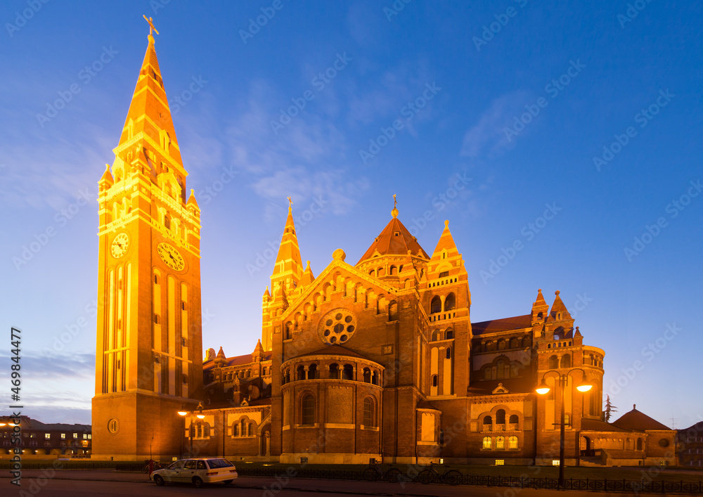 Cathedral of Our Lady of Szeged, one of largest Catholic churches in Hungary at night