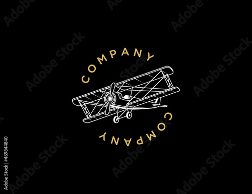 Line art biplane logo template. Vintage Plane logo