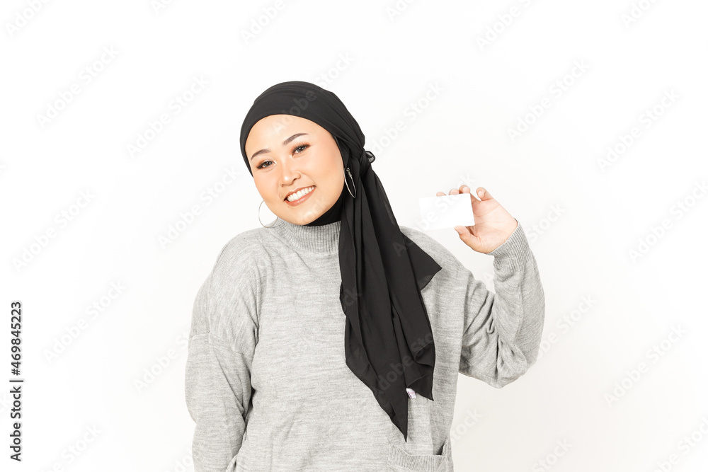 Holding and Showing Blank Credit Card of Beautiful Asian Woman Wearing Hijab Isolated On White Holding and Showing Blank Credit Card of Beautiful Asian Woman Wearing Hijab Isolated On White