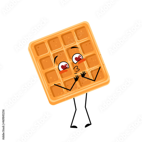 Cute character belgian waffle with love emotions, smile face, arms and legs. Cheerful baking person, dessert with loving expression. Vector flat illustration