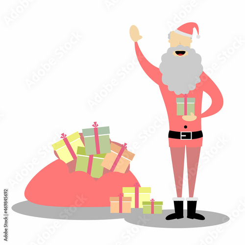 Smiling slim Santa holding a gift and standing next to a bag full of gifts
