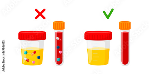 Laboratory test for doping. Concept for the maintenance of medicines in the blood and urine of athletes. Containers for analysis with and without doping flat vector illustration.