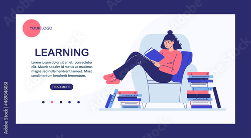 banner online learning and online library.cartoon style
