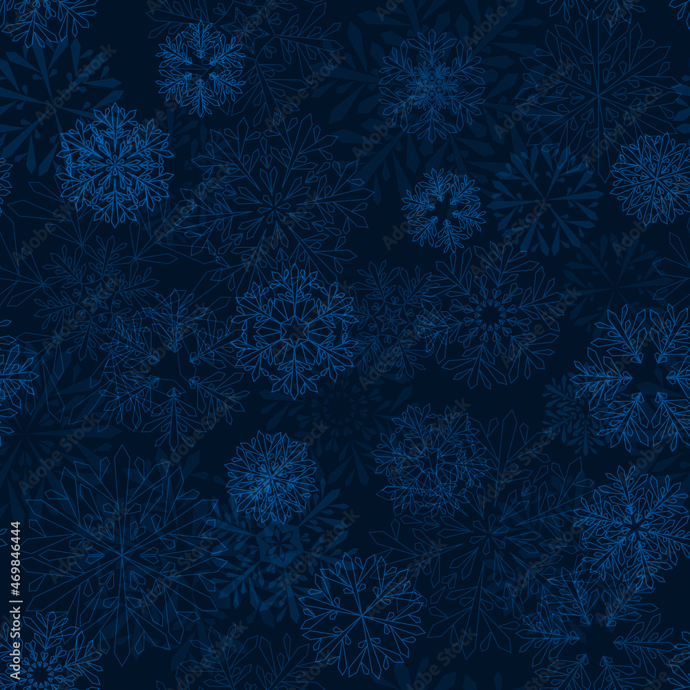dark blue winter background with snowflakes. vector seamless pattern. fabric swatch. wrapping paper. continuous print. design element for greeting card, banner, invitation, textile, postcard, flyer dark blue winter background with snowflakes. vector seamless pattern. fabric swatch. wrapping paper. continuous print. design element for greeting card, banner, invitation, textile, postcard, flyer
