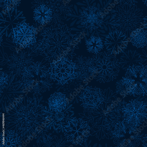 dark blue winter background with snowflakes. vector seamless pattern. fabric swatch. wrapping paper. continuous print. design element for greeting card, banner, invitation, textile, postcard, flyer