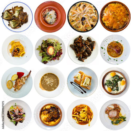 Collection of delicious restaurant and homemade Catalan dishes isolated on white..