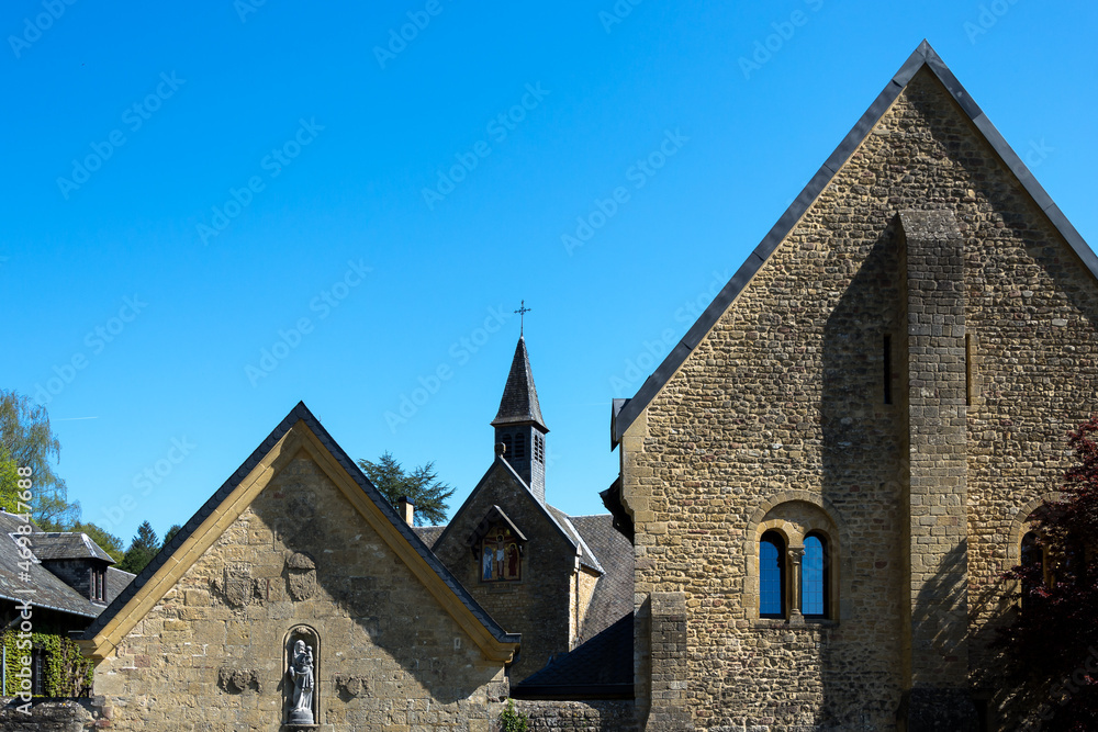 Florenville, Belgium – Architectural detail of the Orval Abbey (Abbaye Notre-Dame d'Orval), a Cistercian monastery founded in 1132 in  Wallonia