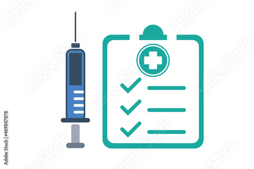 Vaccination concept, annual preventive inoculation, syringe and clipboard, health care policy on white background for website, application, printing, document, poster design, etc. vector EPS10