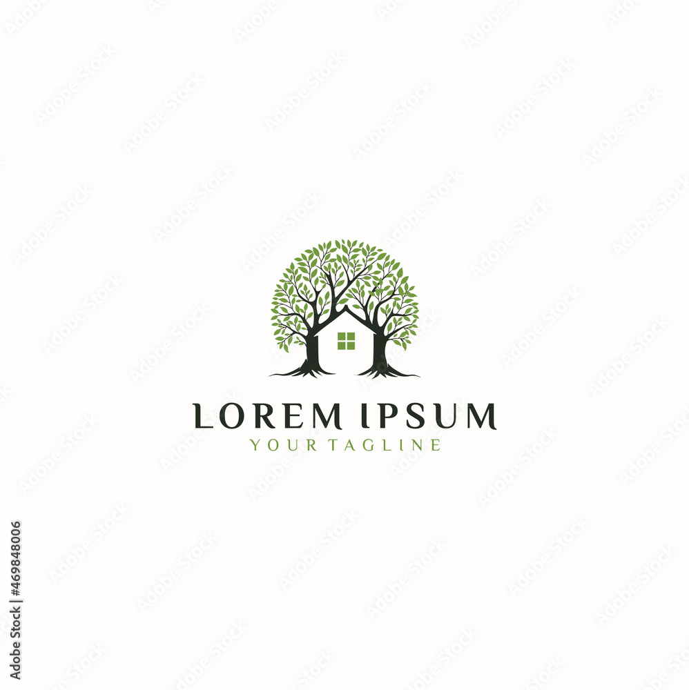 tree with leaves,  Abstract house tree with line art logo design and business card Premium Vector
