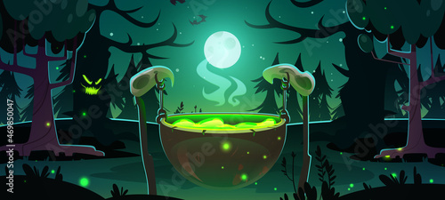 Witch cauldron in night forest Halloween spooky scene. Wizard pot with magic potion boiling under full moon in dark wood with creepy trees. magician brew, game background, Cartoon vector illustration