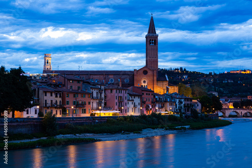 Night view of Verona with Adige river and Old Bridge, Italy
