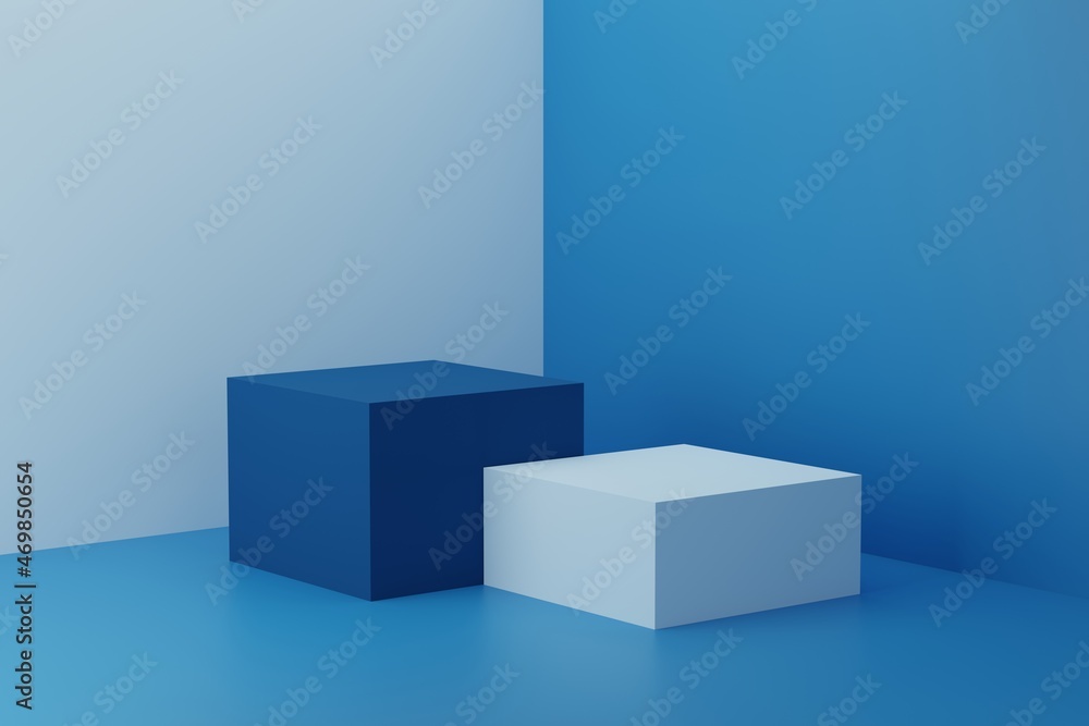 3D green empty display podiums for product advertising on blue two-tone background. 3D rendering of display podium and background. 3d illustration. 3D green empty display podiums for product advertising on blue two-tone background. 3D rendering of display podium and background. 3d illustration.