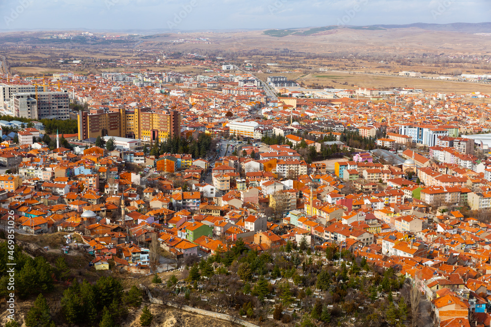 Aerial view of the residential areas of the provincial city of Kutahya, Turkey.