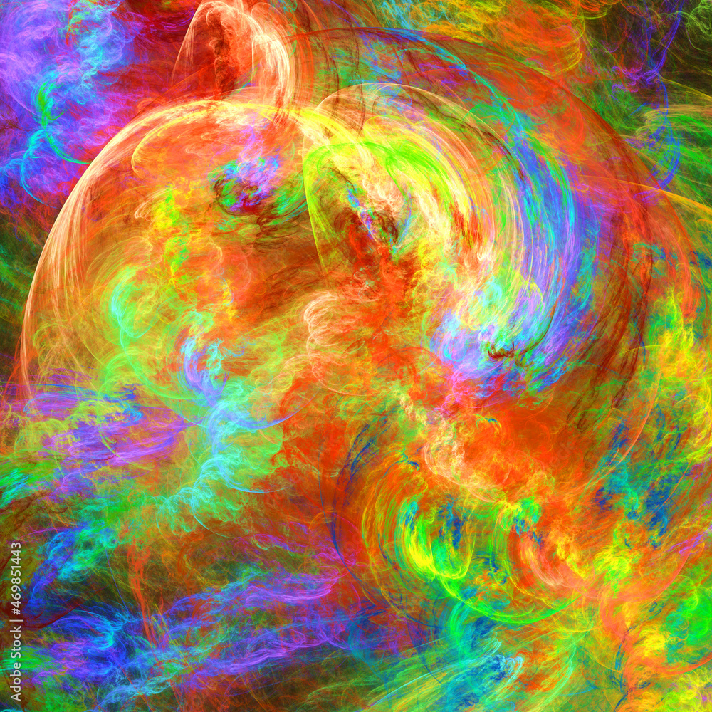 Composición de arte digital conceptual consistente en trazos y manchas coloridas formando una especie de torbellino de gases ascendentes fluorescentes.
