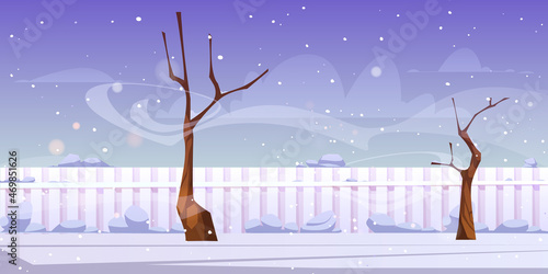 Winter landscape of backyard with bare trees, fence, white snow and wind. Vector cartoon illustration of empty yard, garden or park with snowy lawn, fencing and blizzard