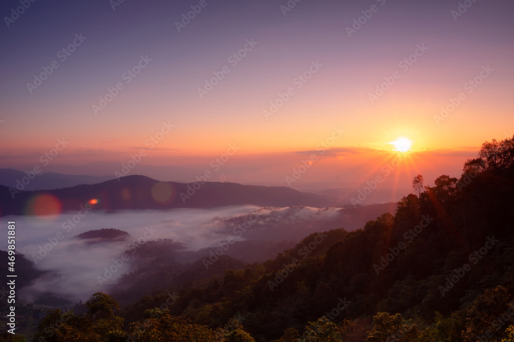 Aerial view Beautiful of morning scenery sea of cloud and the fog flows on high mountains. Doi Montngo, Mae Taeng, Chiang Mai. THailand