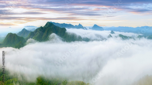 Bild auf Leinwand Beautiful aerial view sea of fog in the morning forest mountent with green mountains