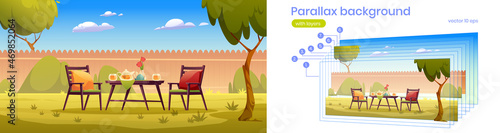 Backyard with tea and flowers on table, chairs, fence, green trees and grass. Vector parallax background for 2d animation with cartoon summer landscape of patio with furniture for picnic on lawn