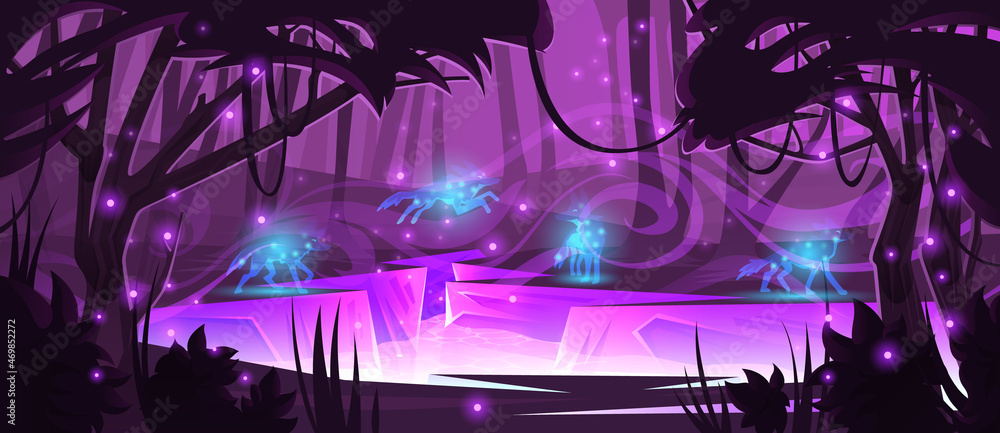 Magic forest with wolves mystery silhouettes, river and mystical purple  light. Vector cartoon fantasy illustration of jungle landscape with  fantastic wild animals Stock Vector | Adobe Stock