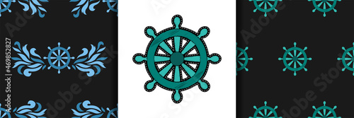 Ship steering wheel embroidery seamless pattern