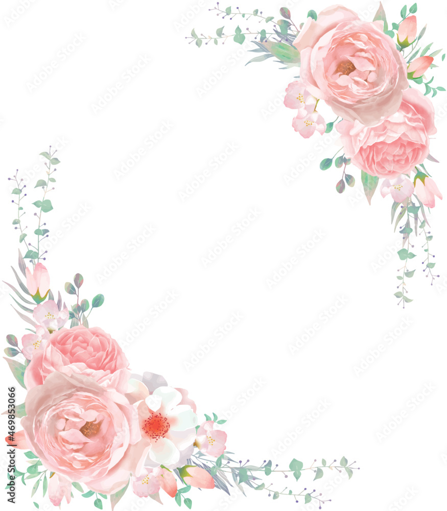 優しい色使いのピンク系のバラの花とリーフのフレームベクターイラスト素材 Stock Vector Adobe Stock