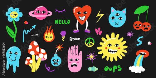 Comic characters. Psychedelic 80s objects with faces, bright emoji, hand drawn text, flowers with eyes, heart, hippy sign, poison mushroom isolated, vector cartoon illustration photo