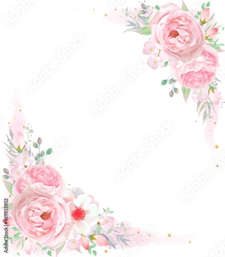 優しい色使いのピンク系のバラの花とリーフのフレームベクターイラスト素材 