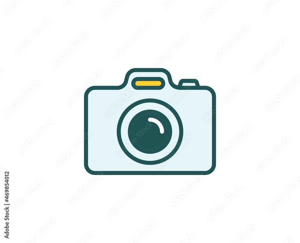 Line camera icon isolated on white background. Outline symbol for website design, mobile application, ui. Electronics pictogram. Vector illustration, editorial stroсk. 