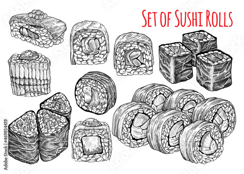 Set of sushi rolls. Hand drawn food icons for menu templates. Vector illustration.